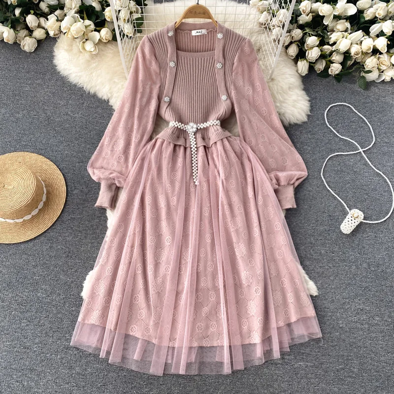 

French Sweet Temperament Square Neck Dress Autumn Women's Small Mesh Yarn with Waist and Thin Midi Dress