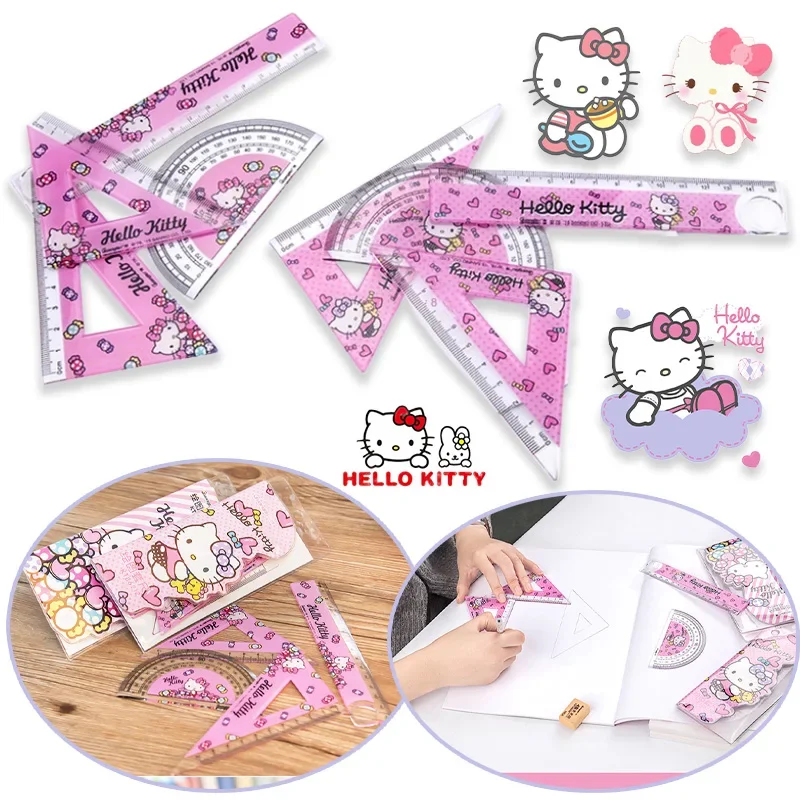 Sanrio Hello Kitty Ruler Set Cartoon Kids Straight Ruler Triangle Plate Protractor Angle Gauge Set Office Stationery Supplies