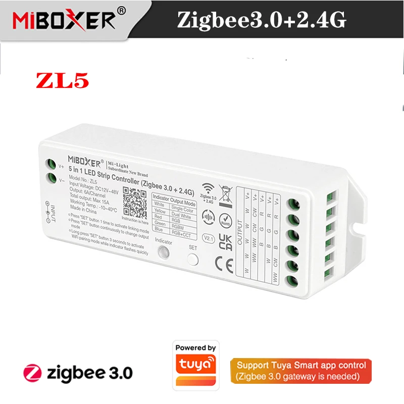 Miboxer Zigbee 3.0+2.4G Dual white/RGB/RGBW/RGBCCT 5 in 1 LED Strip Controller ZL5 CCT Single color Light tape Dimmer miboxer 2 4g zigbee 3 0 remote control 3 in 1 rgb rgbw rgbcct led strip controller 12v 24v dual white single color 2 in 1 dimmer