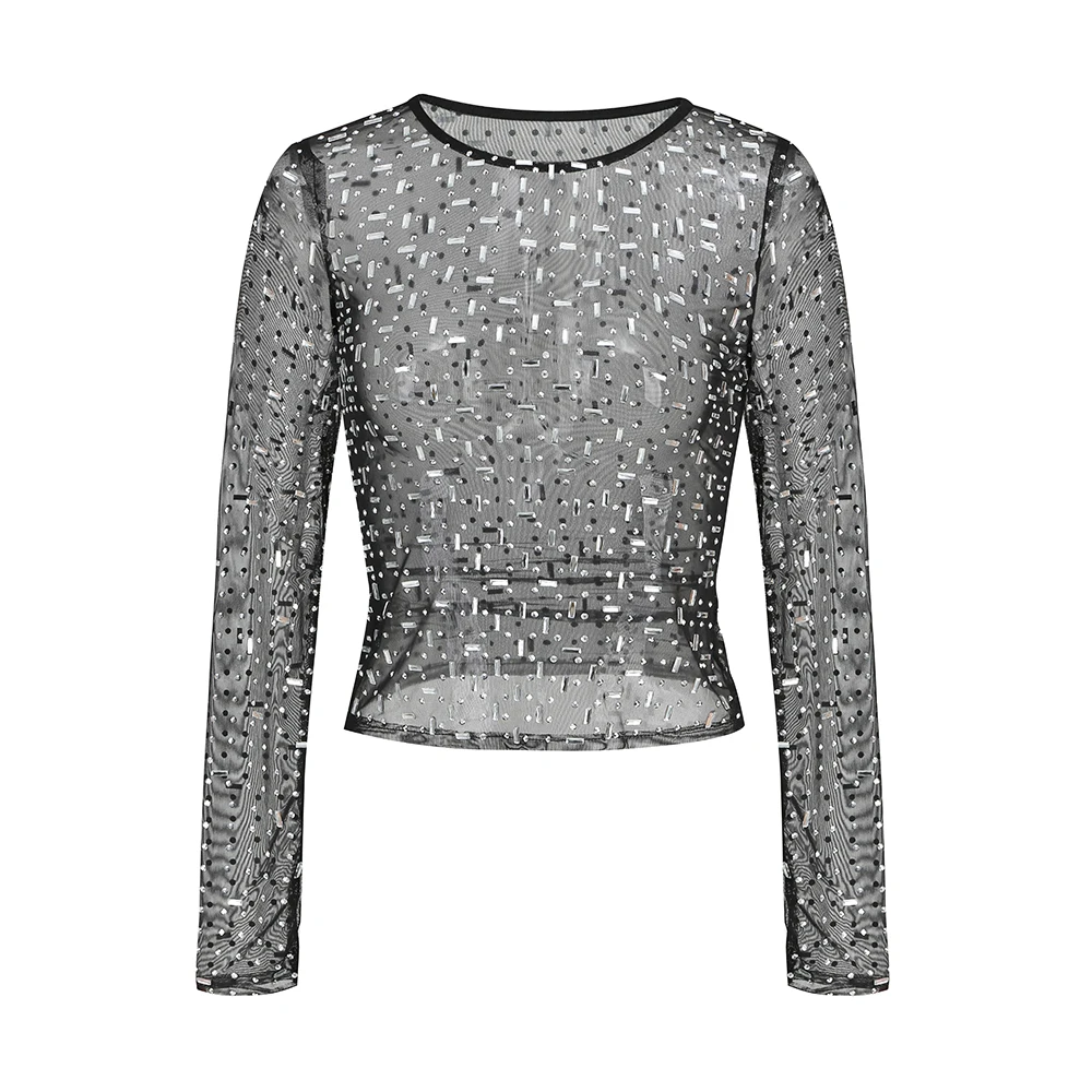 

2023 New Celebrity Party Club Luxury Women's Sexy Perspective Diamond Cut O-Neck Long Sleeve Mesh Top