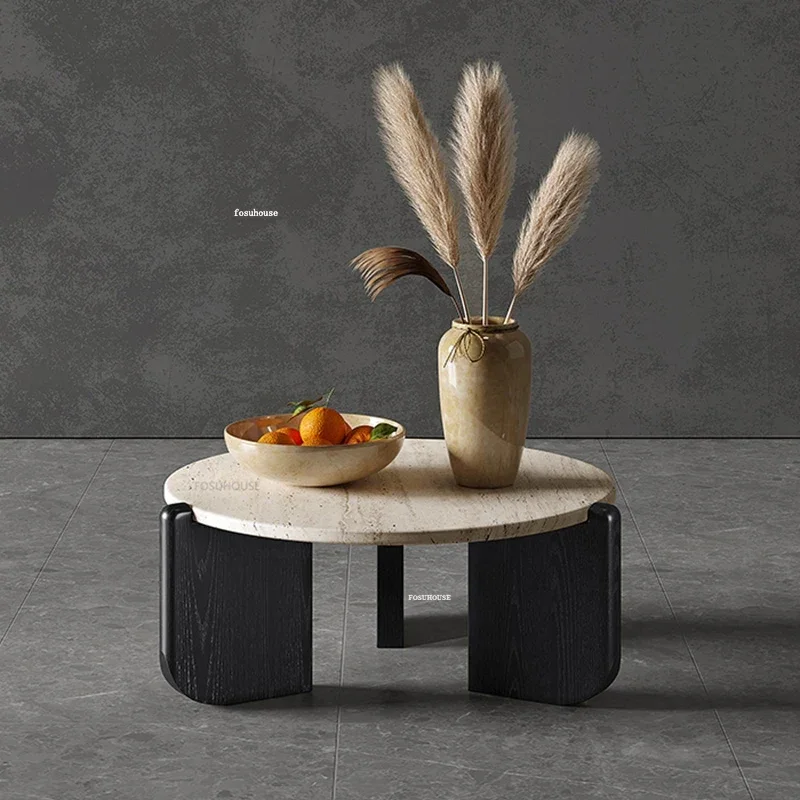 Nordic Solid Wood Coffee Table Household Travertine Side Table Creative Light Luxury Living Room Coffee for Caf&eacute; Furniture