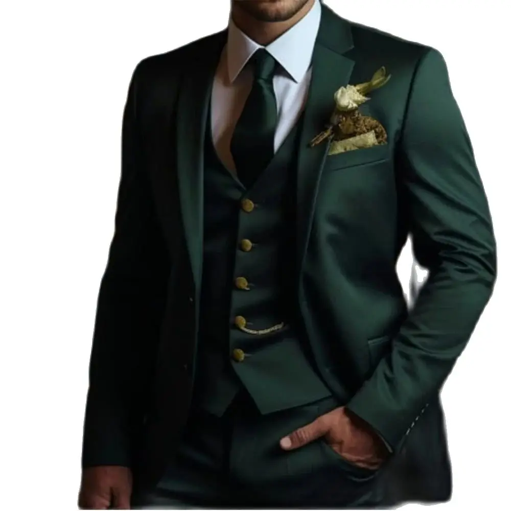 Green Luxury Men Suits Blazer 3 Piece Jacket Pants Vest Single Breasted Notched Lapel Office Male Casual Full Set Outfits 2