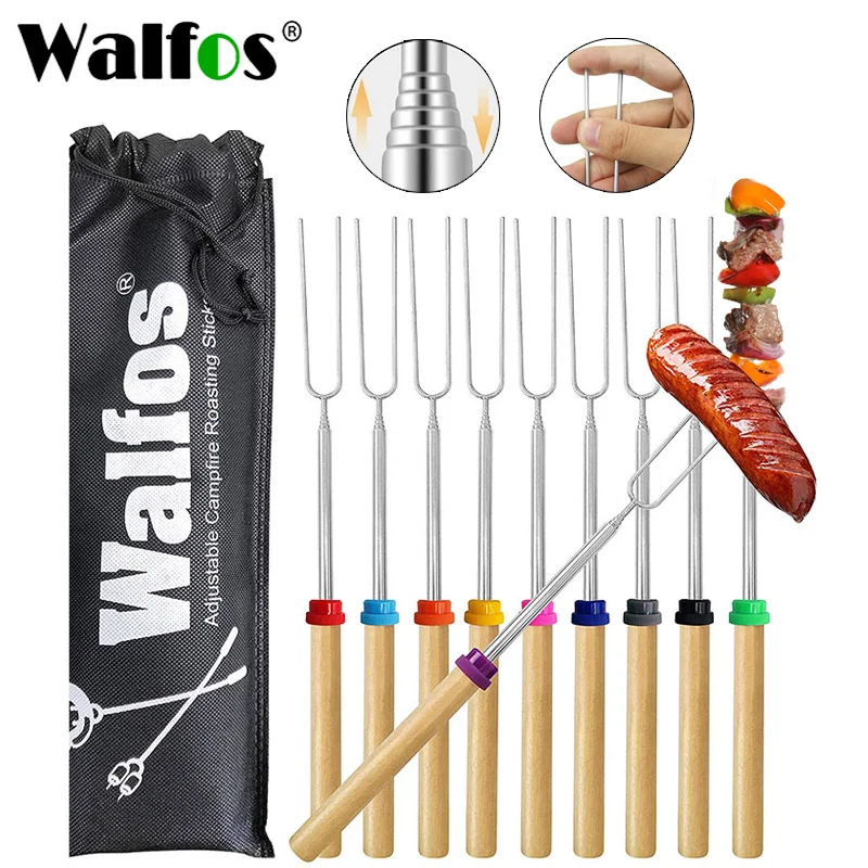 WALFOS 6/8/10pcs Double Metal Skewers For Barbecue Reusable BBQ Grill Forks Sticks Needle Barbecue Grill Stainless Steel Skewers