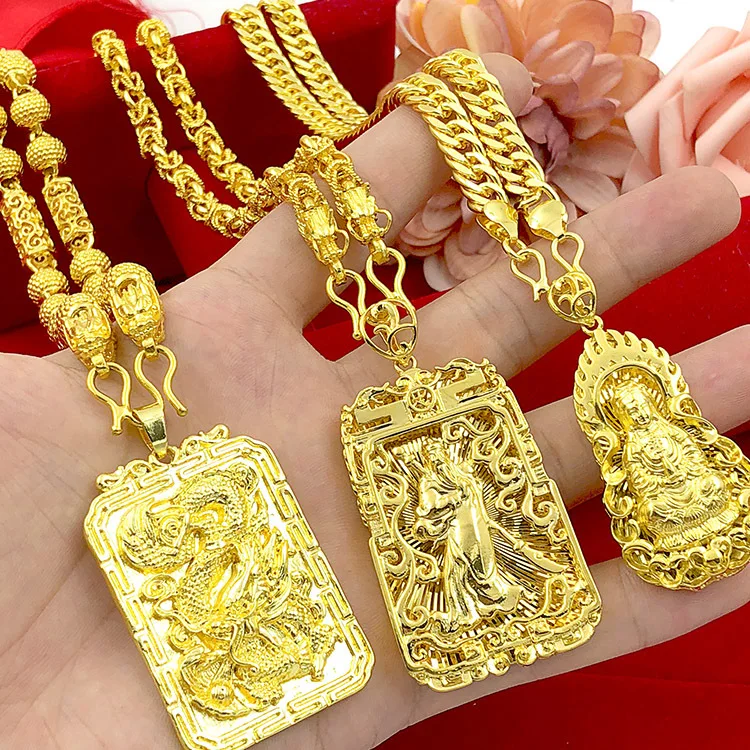 24 K Gold Necklace Men Dragon Guan Gong Pendant 9999 Real Gold Necklace