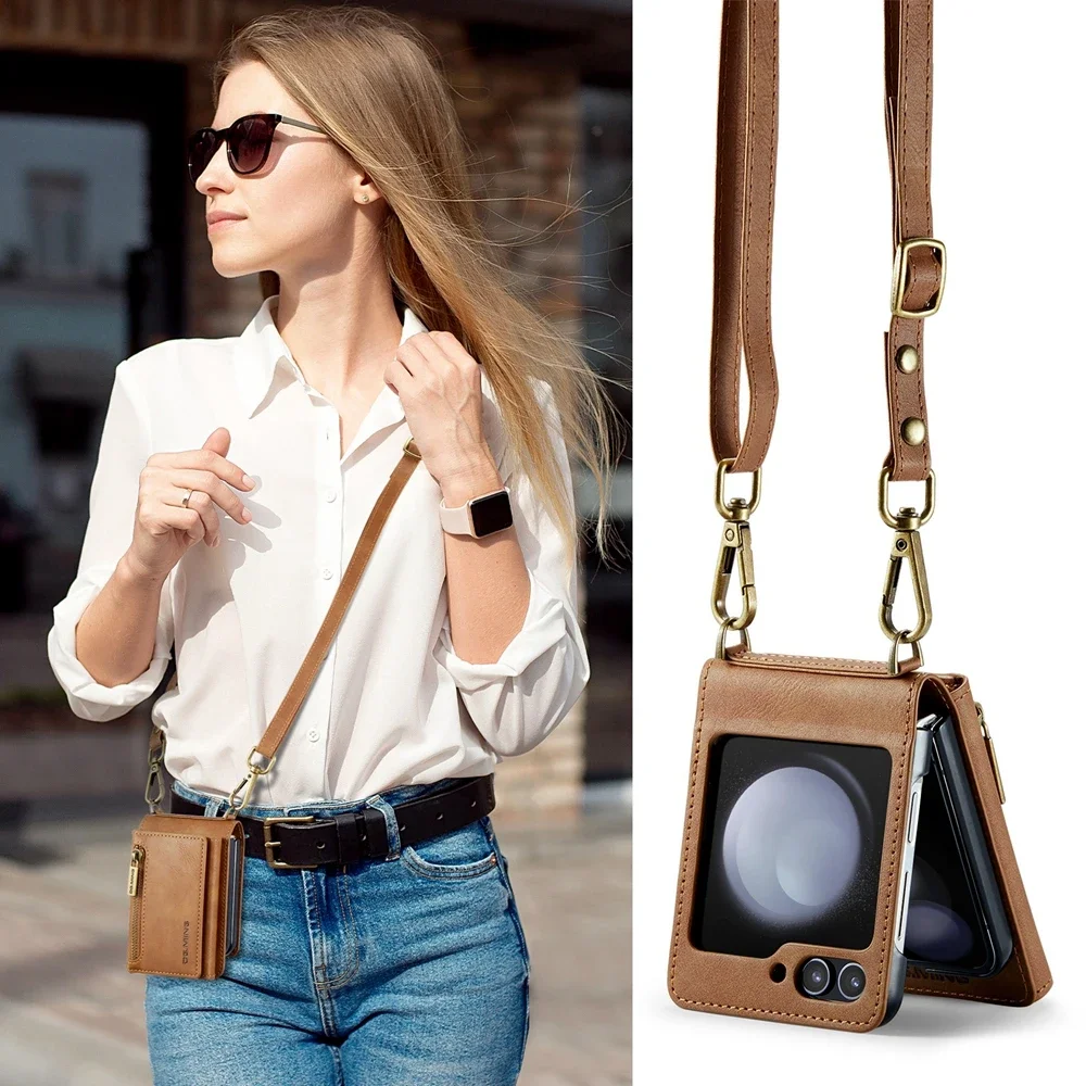 Crossbody Leather Wallet Case with Card Slot and Zipper Lanyard