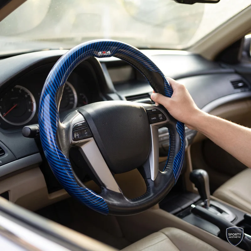 Off-Road Blue Carbon Fiber Texture Steering Wheel Cover - Comfortable Grip & Easy Installation