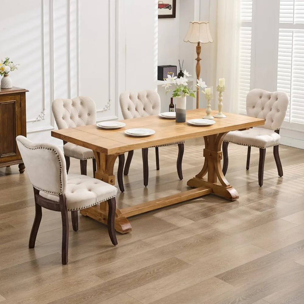 French Vintage Tufted Upholstered Dining Chairs, Beige Fabric with Wooden Legs, Ideal for Kitchen, Dining Room & Cafe, Set of 4 4