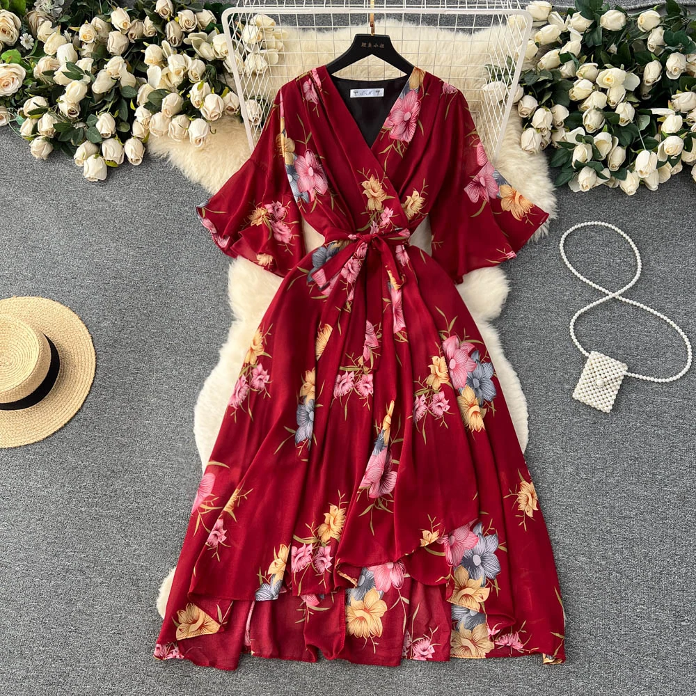 2023 New Spring Summer Women Crossed V-Neck Flare Sleeve