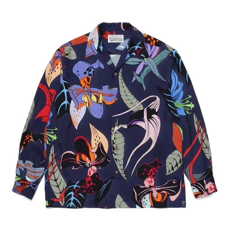 

WACKO MARIA Hundred Flowers Chart Printing Polyester New Long Sleeve Breathable Button Lapel Thin Shirt TEE Men Women Oversize