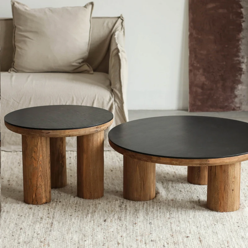 

Old Pine round Retro Black Oak Veneer Living Room Solid Wood Small Table