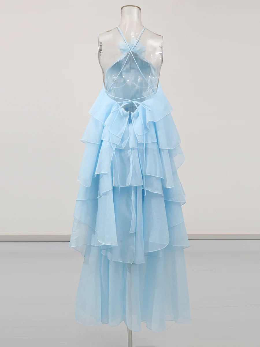 Elegant Halter Dress - Solid Ruffled Backless Sleeveless Fashion for Women