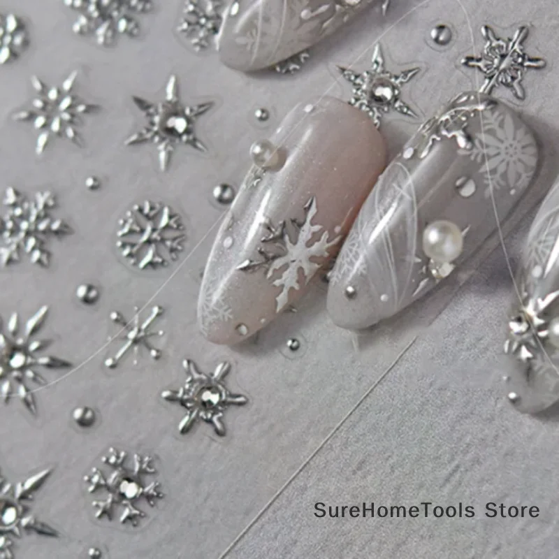 Winter Snowflake Christmas Nail Art Sticker 5D Shiny Rhinestone Embossed Relief Adhesive Nail Charm Nail Art Decoration Sticker