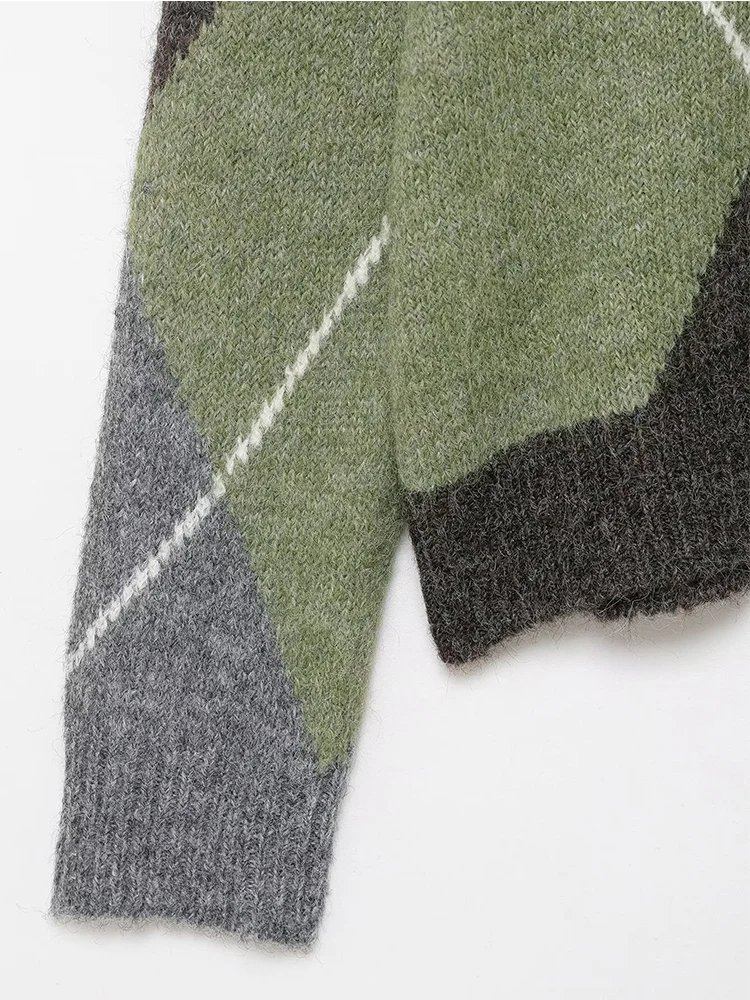  Women's Chic Argyle knitted Sweater V-Neck Long Sleeves Pullover Vintage Casual Knitwear Autumn Winter Fashion Knit Tops