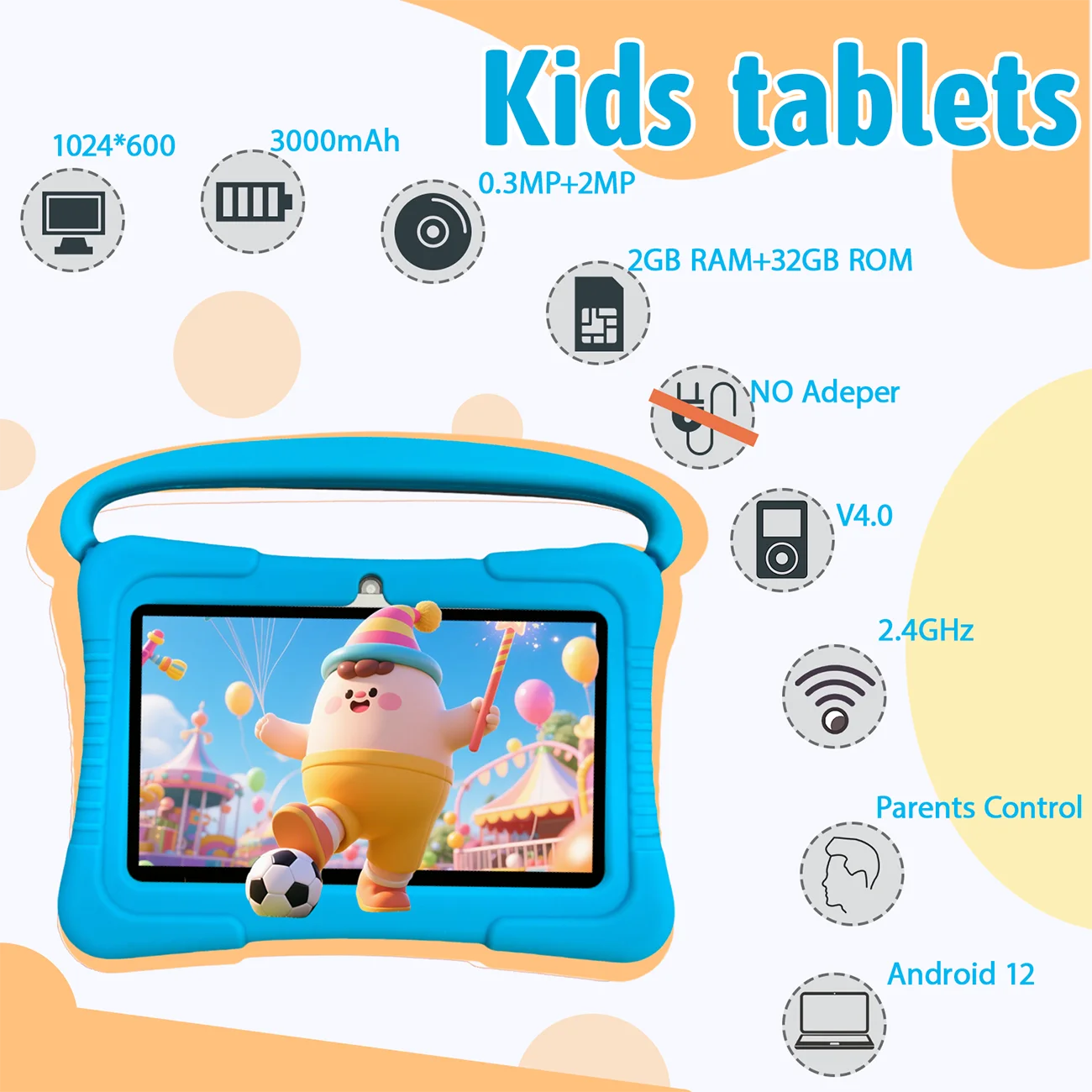 어린이 태블릿 7인치, 부모 통제 기능이 있는 어린이 태블릿, 듀얼 카메라, 크리스마스 및 생일을 위한 어린이 선물. 핑크/블루