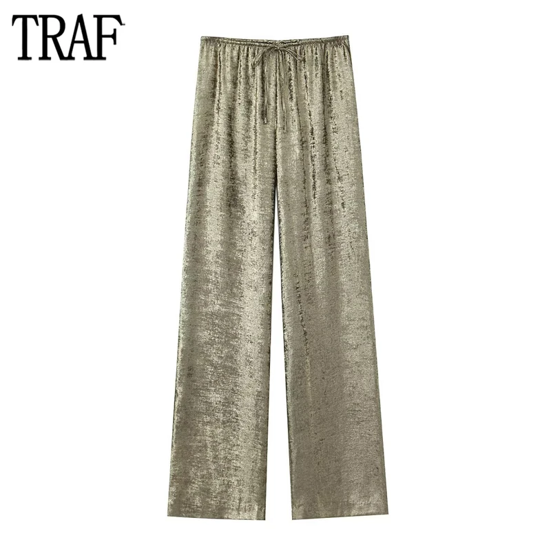 

TRAF 2024 Foil Baggy Pants Woman Pleated High Waist Pants for Women Fashion Tied Woman Trousers Streetwear Wide Leg Pants Women