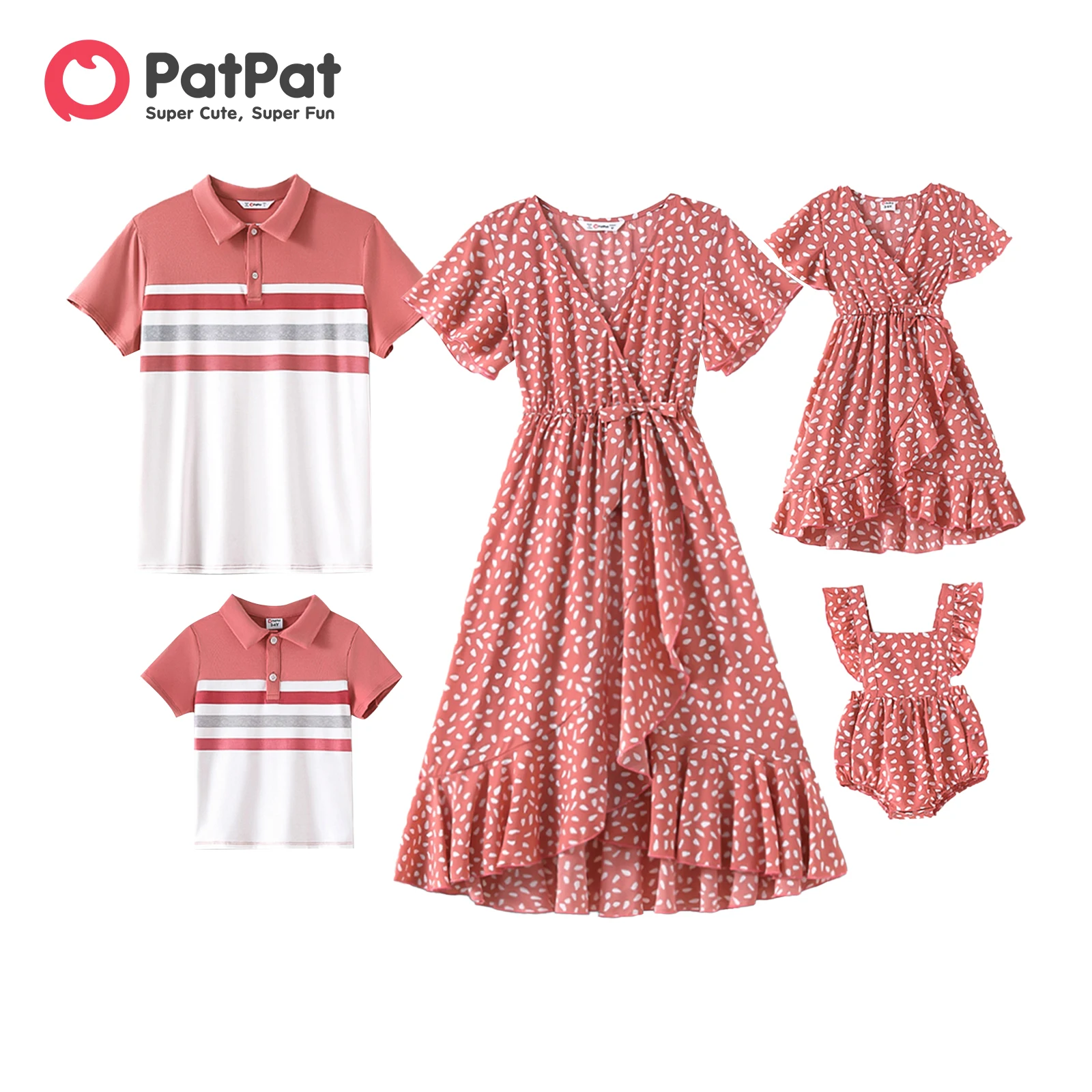 PatPat Family Matching Short-sleeve Colorblock Naia™ Polo Shirts and Allover Print V Neck Ruffle Trim Tulip Hem Dresses Sets