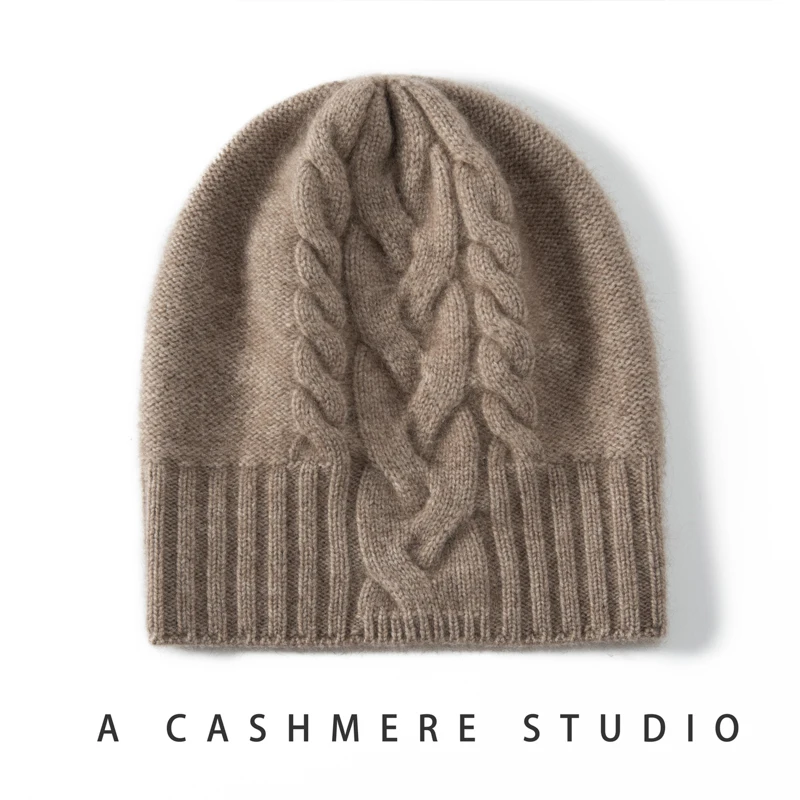 100% Pure Cashmere Hat Women Winter Knitted Twisted Flower Cap Beanies Warm Soft Knit Headgears Lady Hats Ear Protect Skullies 4