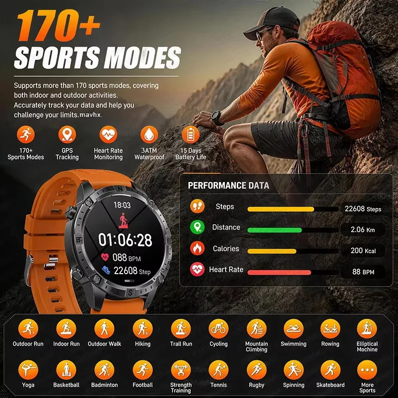 2026 Outdoor New GPS Offline Map T-Rex 3 Military Grade Smart Watch Men 3ATM Waterproof LED Flashlight HD Call 100+Sports Watch 3