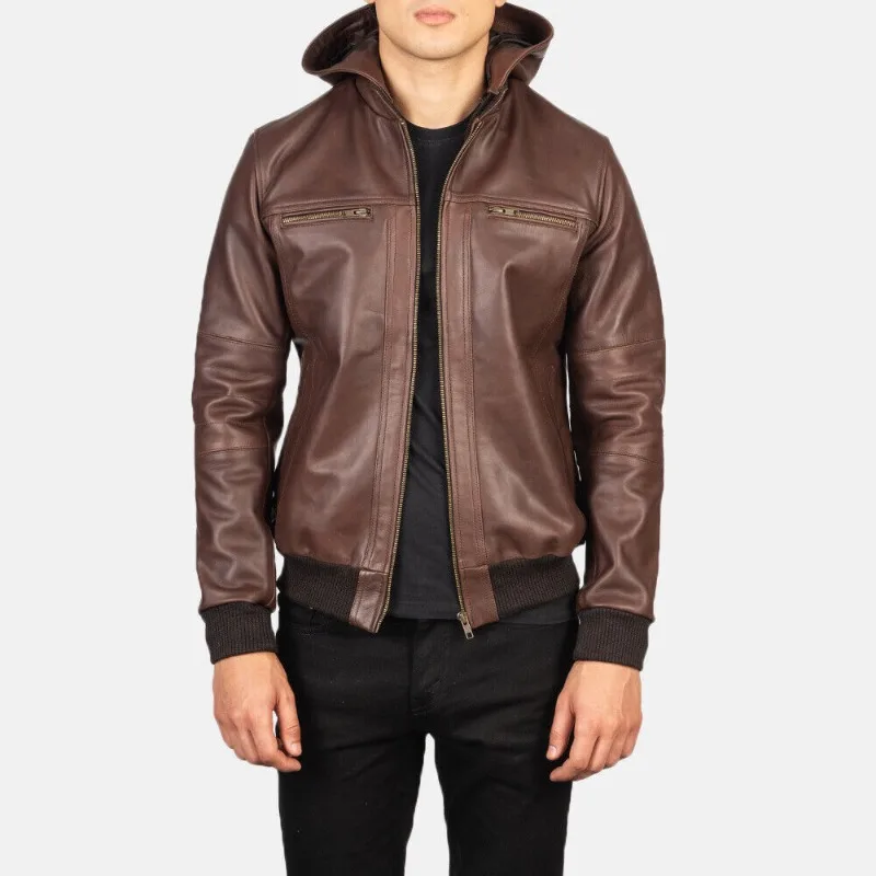 Men's Brown Sheepskin Leather Pilot Cycling Jacket with Detachable Hood Fashionable Trend 2023 new sunscreen suit for men in summer light and thin breathable icy and cool skin suit with loose hood for cycling men