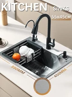 55x45cm Multi-functional Kitchen Sink With Retractable Faucet, Soap Dispenser,Drinking Water Tap Black Stainless Steel Sink