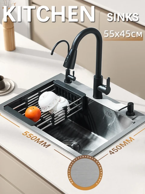 55x45cm Multi-functional Kitchen Sink With Retractable Faucet, Soap Dispenser,Drinking Water Tap Black Stainless Steel Sink