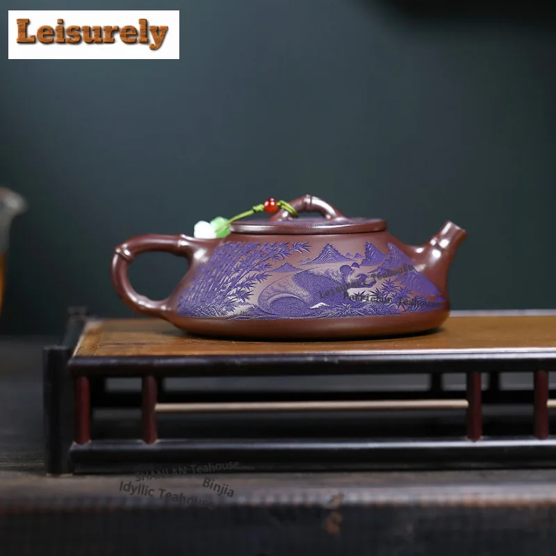 260ml Yixing Purple Clay Teapot Handmade Panda Stone Scoop Pot Raw Ore Stone Red Mud Tea Infuser Kettle With Filter Zisha Teaset