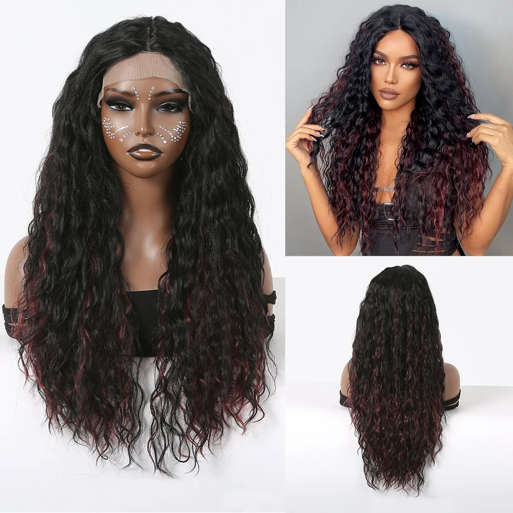 

Long Kinky Curly Wave Synthetic Lace Wig Black mixed Wine Red Lace Wig with Baby Hair for Afro Women Daily Party Heat Resistant