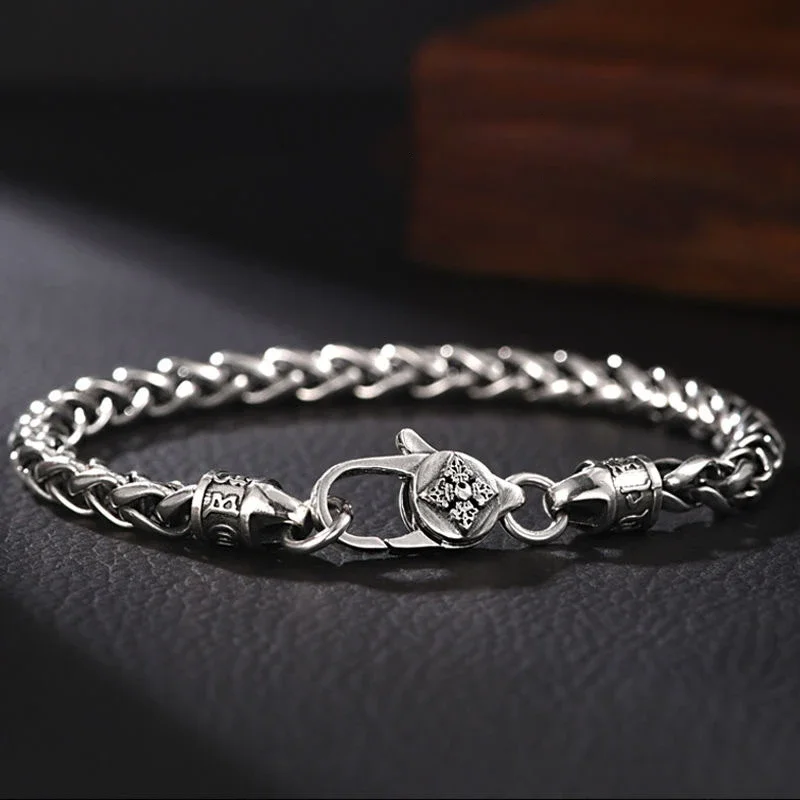 

925 Sterling Fashion Silver Vintage Bracelet 18/20/22cm Twist Chain Quatrefoil Lobster Clasp Men Birthday Party Jewelry Gift