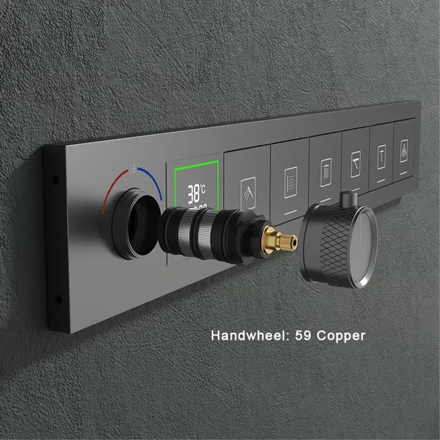 ชุดฝักบัวอาบน้ำระบบเทอร์โมสตัทติดเพดานทองเหลืองหรูหรา พร้อมจอแสดงผลดิจิตอล LED ระบบเสียงบลูทูธ หัวฝักบัวแบบเรนชาวเวอร์ ก๊อกน้ำในห้องน้ำ 6