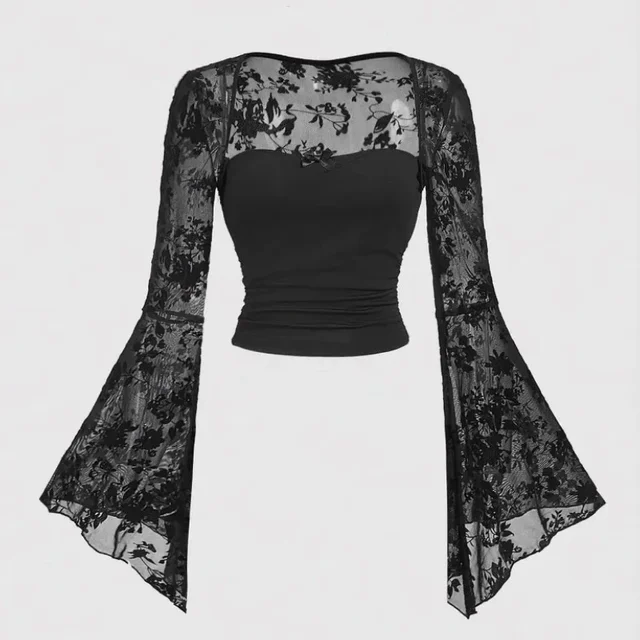 Gothique Sexy dentelle maille évasée à manches longues Smock Y2K Vintage noir voir à travers les couvertures T-Shirts Grunge été femmes Streetwear 1