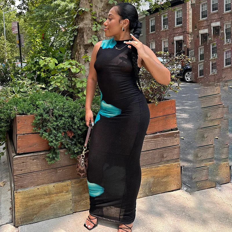 

Casual Vintage Women O-neck Flowers Print Tank Dress Y2K Streetwear Elegant Autumn Sleeveless Bodycon Long Vest Dresses Vestidos