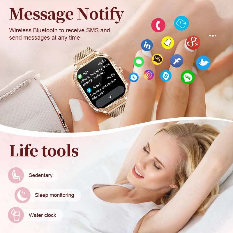 LIGE Smart Watch Women Bluetooth Call Heart Rate Blood Oxygen Monitor Custom Watch Face Smartwatch Ladies Sport Fitness Pedomete