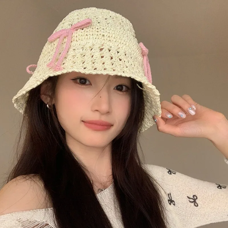 

Korean Bow Hollow Sweet Bucket Hat Women's Summer Outdoor Travel Versatile Breathable Sunshade Foldable Sun Hats Casquette Femme
