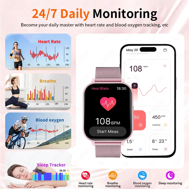 LIGE Smart Watch 1.83" HD Bluetooth Smartwatch Wireless Calls Men Women Smartwatches Fitness Bracelet Custom Watch Face 2026 New