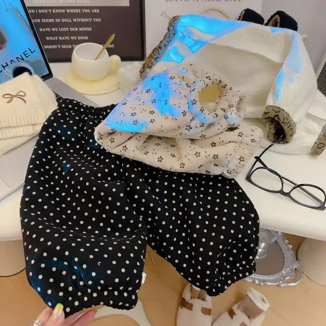 1-8T Winter Warm Fleece Lined Kids Pants Printed Toddler Boys Girls Trousers Retro Polka Dot Pattern Children's Clothes 2