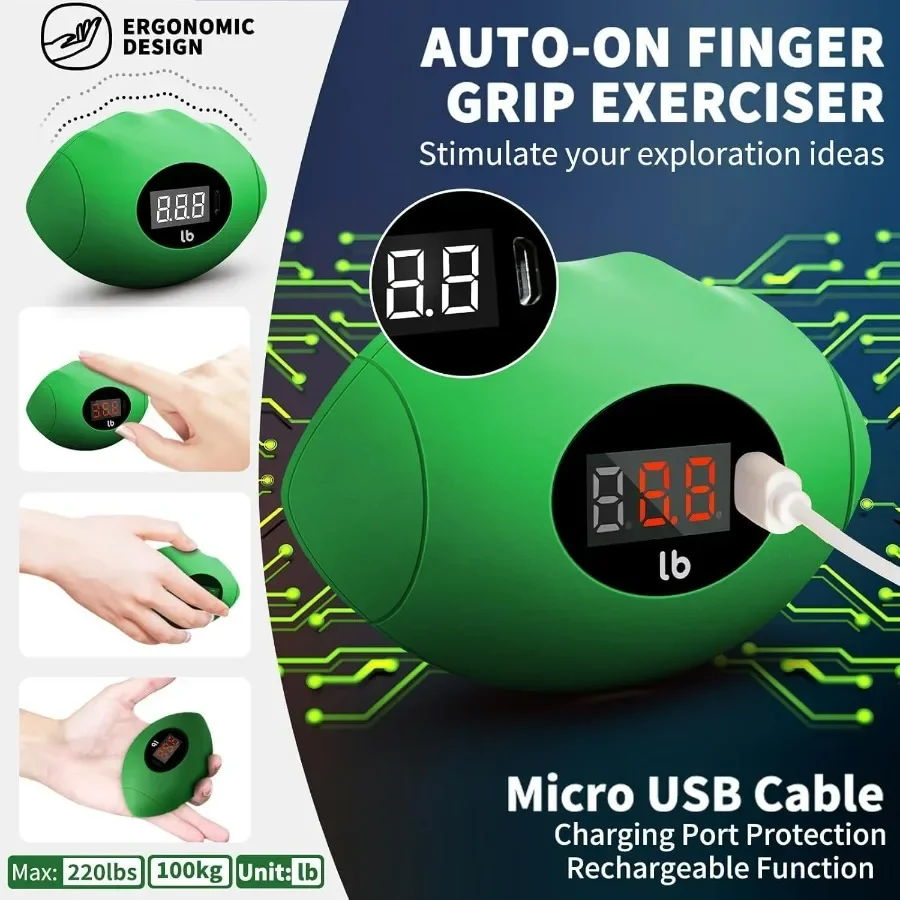 Hand Grip Strengthener, Rechargeable Digital Grip Strength Trainer up 220.4 Lbs(100kg) Hand Grip Exerciser Equipment for Strengt