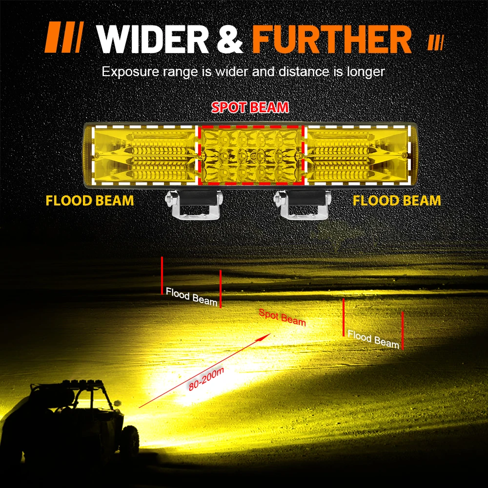 HAOLIDE Led Light Bar Tri-Rows 12inch 3500k Yellow Spot Flood Beam Super Bright IP68 Fireproof Dustproof for SUV Honda