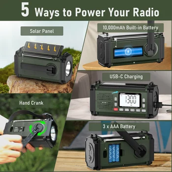 PRUNUS 924 10000mAh Hand Crank Radio, AAA Batteries Powered Emergency Radio Solar, NOAA Weather Radio AM/FM/SW Power Bank Light 4