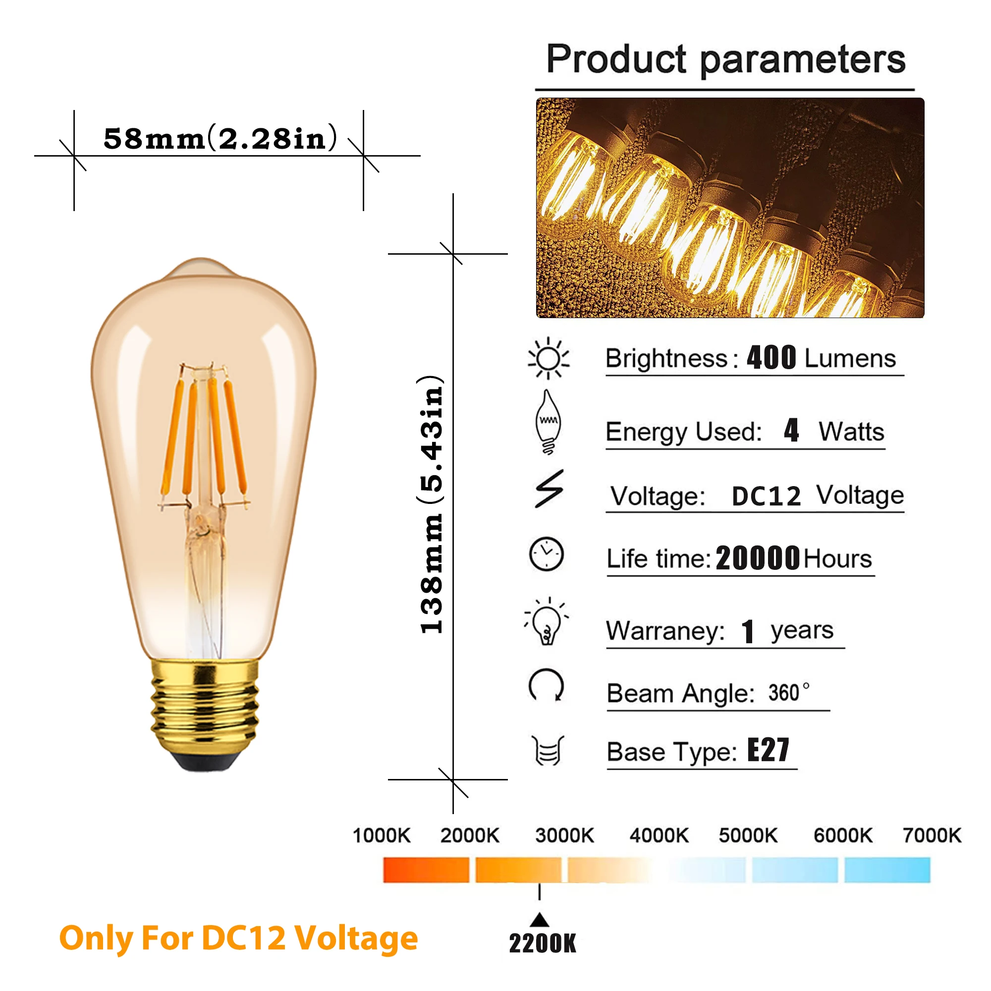 ตัวเลือกสินค้า หลอดไฟ LED Vintage Edison สไตล์ Warm White สำหรับตกแต่ง RV พร้อม E27/E14/12V