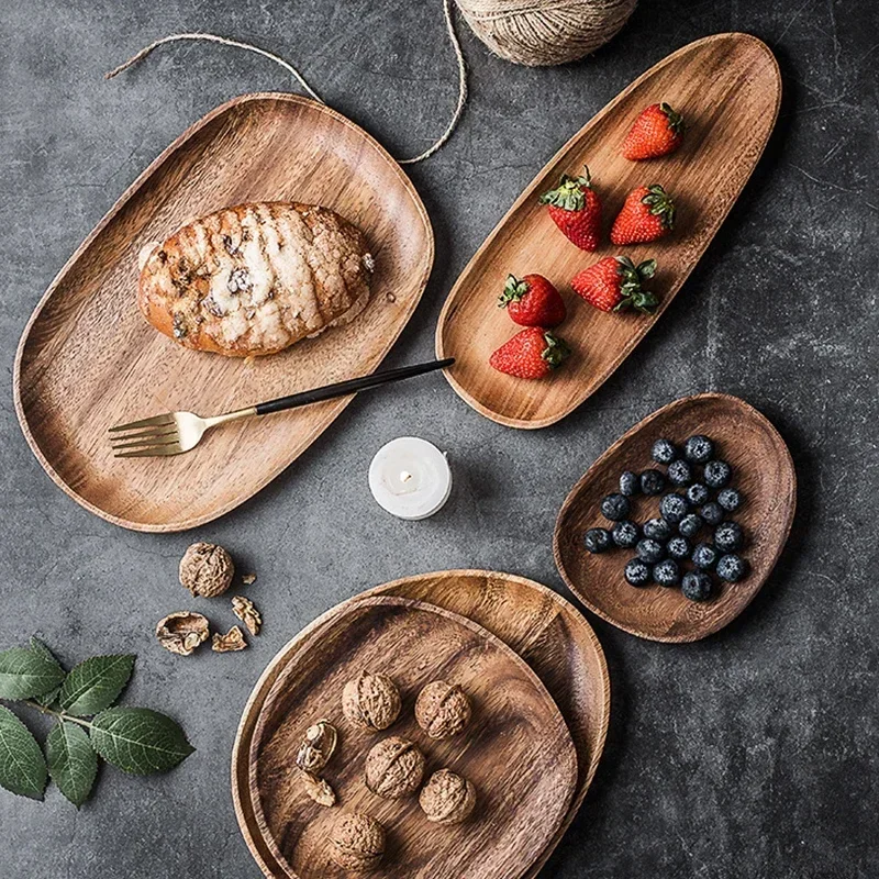 Whole Wood Lovesickness Wood Irregular Oval Solid Pan Plate Fruit Dishes Saucer Tea Tray Dessert Dinner Plate Tableware Set