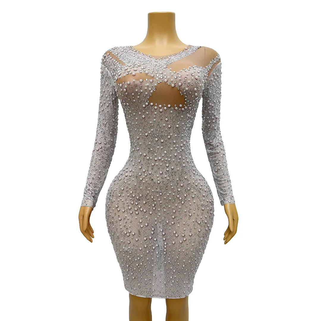 

Silver White Pearls Rhinestones Sexy See Through Costume Transparent Dress Evening Birthday Celebrate Outfit