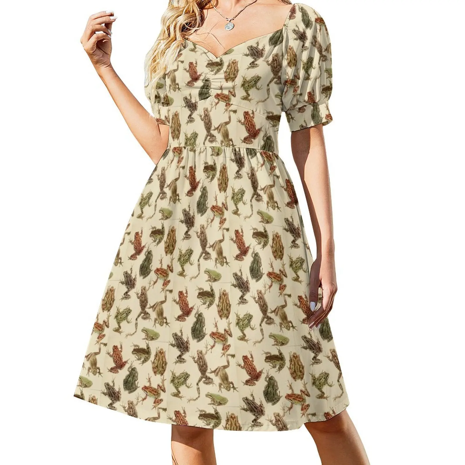 thumbnail image 1 of Vestido de manga corta con diseño de ranas naturalistas, vestidos de lujo para mujer, vestidos para ocasiones especiales, conjuntos elegantes para mujer., 1 of 7