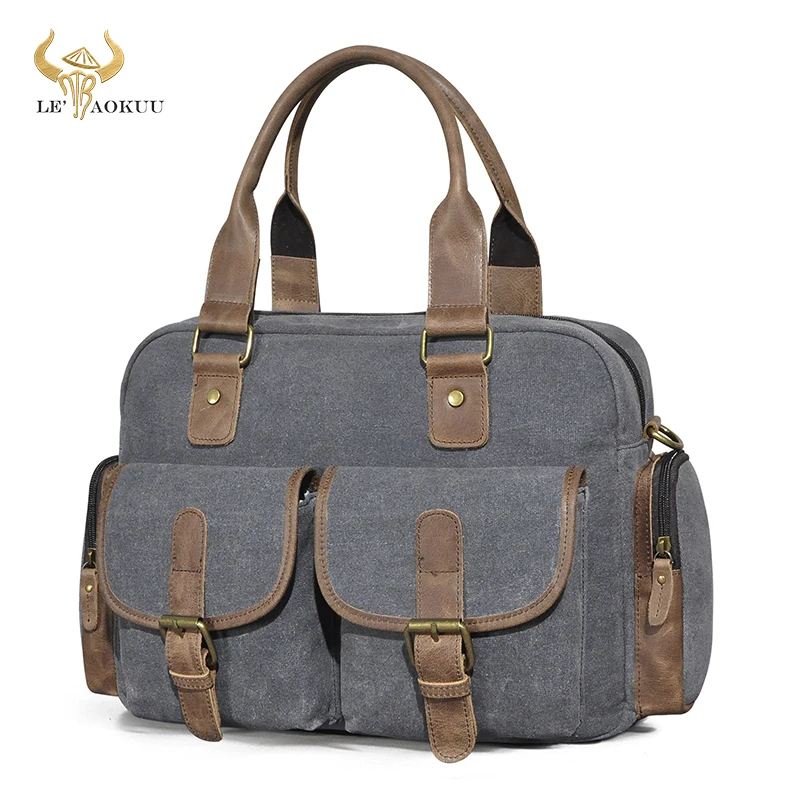 

Hot Sale Canvas + Original Leather Design Fashion Gray Briefcase Business Laptop Case Attache Tote Bag For Men Male 061