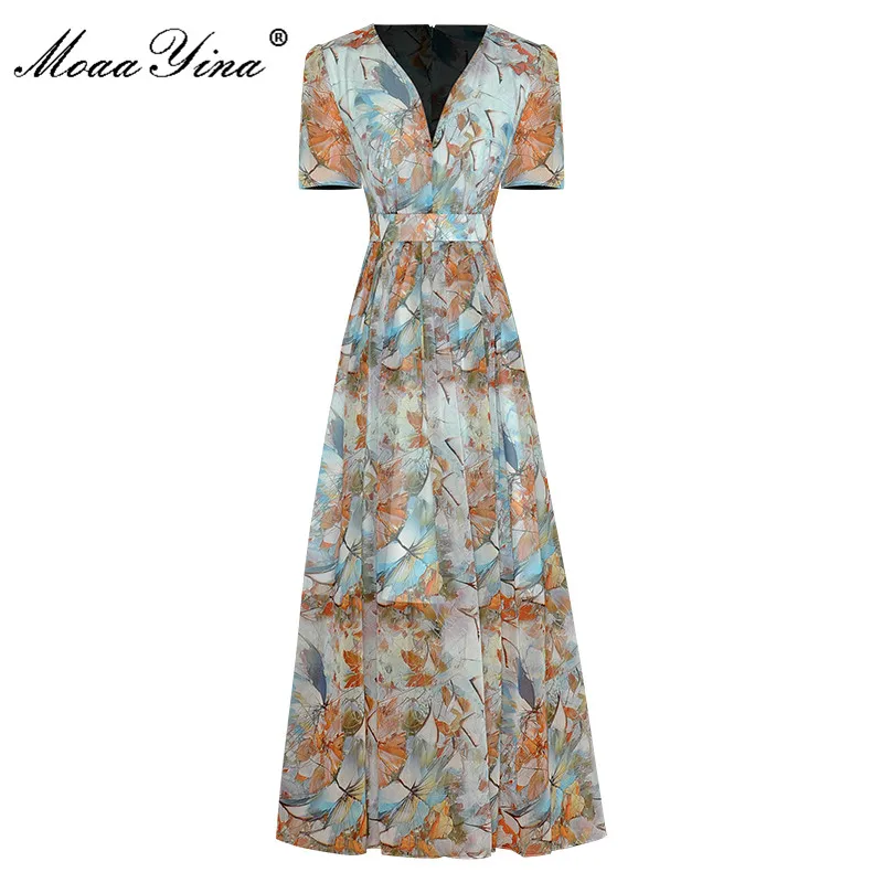 

MoaaYina Fashion Designer dress Summer Women's Dress V-Neck Short Sleeve Flower Printing Vintage Party Chiffon Dresses