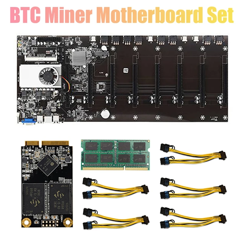 T37 BTC Mining Motherboard with CPU+128G MSATA SSD Memory DDR3+8X8PIN Cable 8XPCIE 16X GPU Slot for BTC Miner Mining