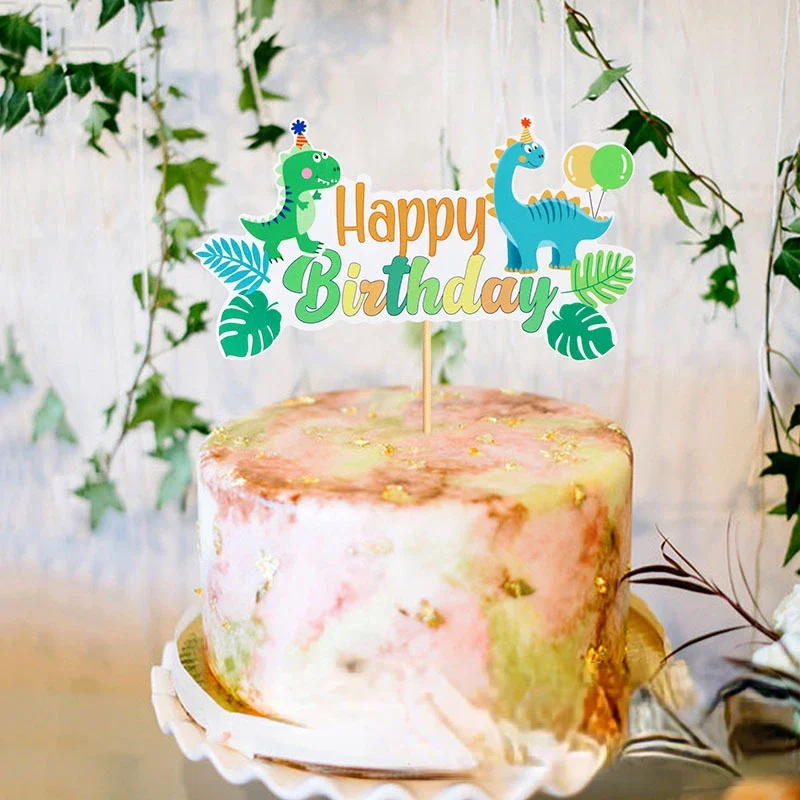 Cute Cartoon Dinosaur Cake Topper Jungle Safari Dino Birthday Cake Surround Kids Happy Birthday Dinosaur Theme Party Cake Decor
