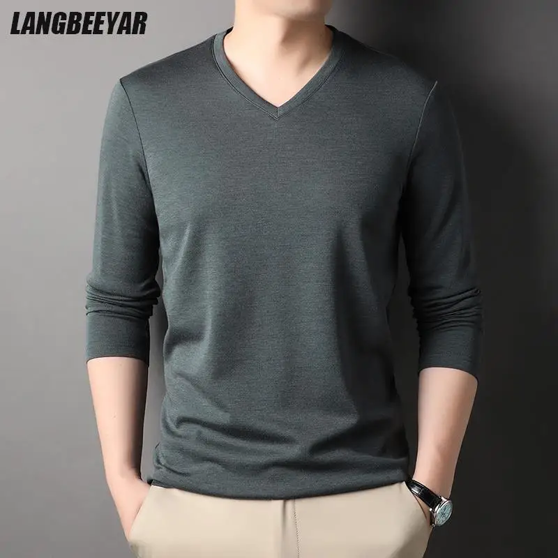 Top Quality Wool 4.7% New Fashion Luxury Brand Mens V Neck t Shirt Solid Color Soft Long Sleeve  Tops Casual Men Clothing