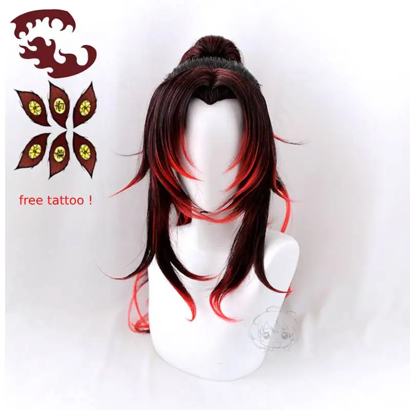 

Kimetsu No Yaiba Kokushibou Cosplay Wig Black Red Ombre Ponytail Heat Resistant Hair Halloween Costume Prop Tattoo + Wig Cap