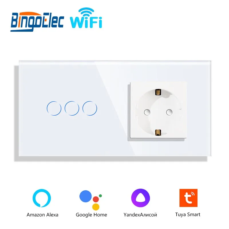 Сенсорный переключатель Wi-Fi Bingoelec 1 2 3 с обычной Европейской розеткой без цвета