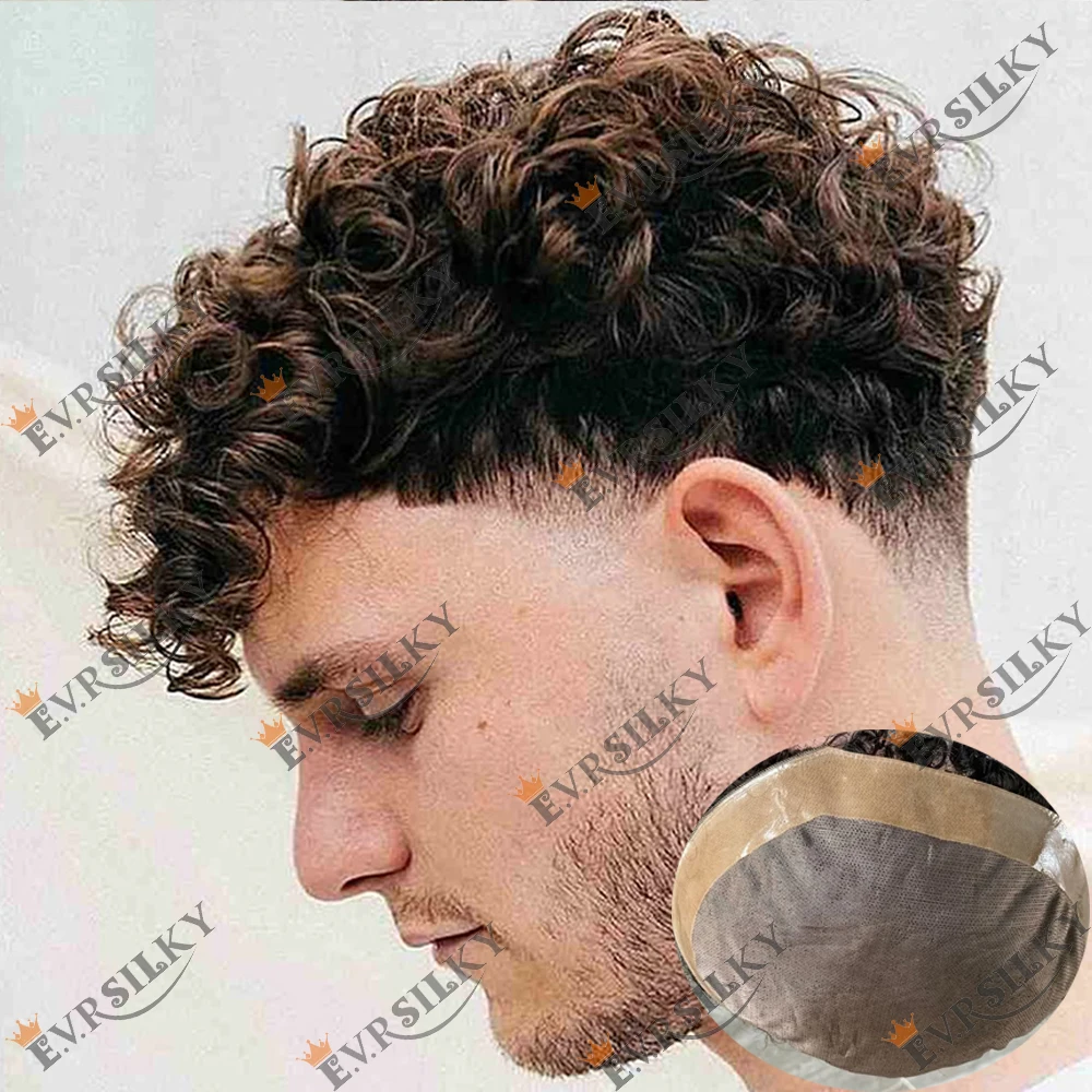 

20mm 15mm 8mm Curly Weave Blonde Brown Black Super Durable Mono&Npu Mens Toupee 100% Human Hair Prosthesis Breathable Replacemen